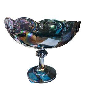 Vintage Iridescent Blue Carnival Glass Pedestal Compote Bowl